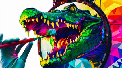 3D crocodile as a dentist, with a toothbrush and mirror, showcasing a toothy grin, white background