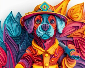 3D dog as a firefighter, wearing a colorful fire suit, hose in paw ready to save the day, white background