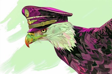 3D eagle as an airline pilot, with pilot cap and wings badge, flying high, white background