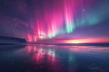 A beautiful, colorful aurora borealis lights up the sky above a beach - obrazy, fototapety, plakaty