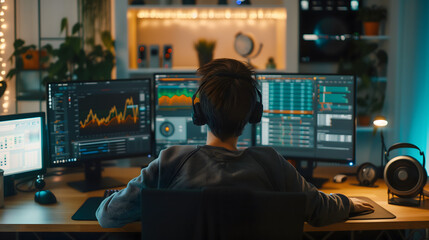  young man headphones works computer sitting office desk behind it with monitors displaying stock market charts candlestick graphics screen