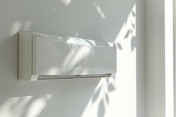 A white air conditioner is mounted on a wall. Summer heat concept