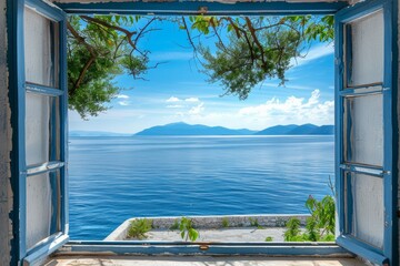 A window overlooking a body of water with a blue sky