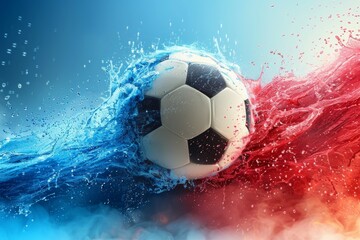 A soccer ball is in the middle of a splash of water, with a red