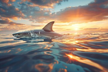 A shark is swimming in the ocean with the sun setting in the background
