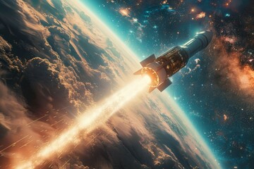 A rocket is flying through space with a bright orange and yellow trail behind it - obrazy, fototapety, plakaty
