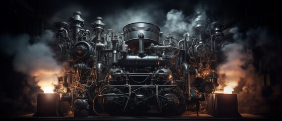 dieselpunk complex engine with many glowing and moving parts that fills a dark industrial room - obrazy, fototapety, plakaty