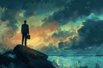 A man is standing on a rock overlooking a body of water. Business concept - Powered by Adobe