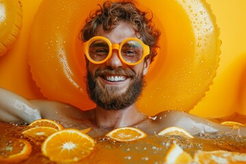 A man in a yellow inflatable pool with a big smile on his face. Summer vacation concept, background - obrazy, fototapety, plakaty