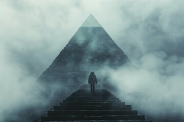 A man is walking up a long flight of stairs in front of a pyramid. Business concept, background