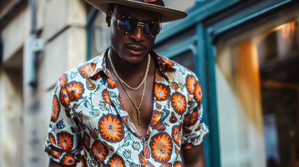 An effortlessly cool black man rocking a printed buttondown shirt and flared bellbottoms accessorized with a statement necklace and a fedora hat. His soulful and confident expression . - obrazy, fototapety, plakaty