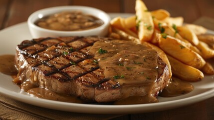 Savor American steak at the bar with chips and savory gravy, Ai Generated