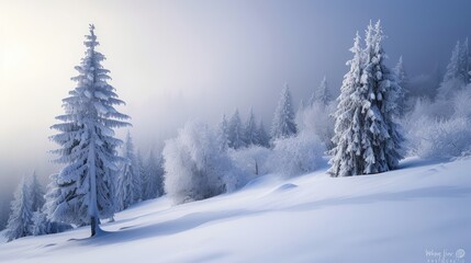 Obraz premium Enchanting winter landscape with trees cloaked in snow, a serene forest adorned in nature's white attire. Ai Generated