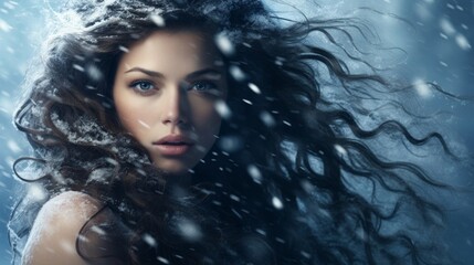 Hurricane, snowstorm, blizzard, blizzard, embodied in the image of a beautiful woman