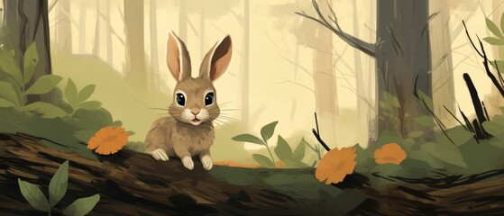 illustration for a children's book of a rabbit in the woods on beige background