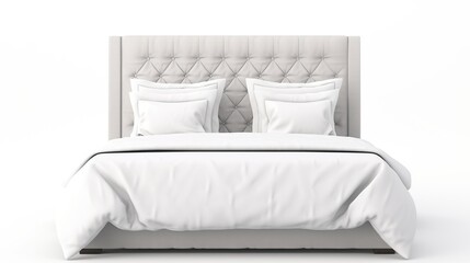 Elegant double bed isolated on white background. Minimal furniture and modern interior design concept.