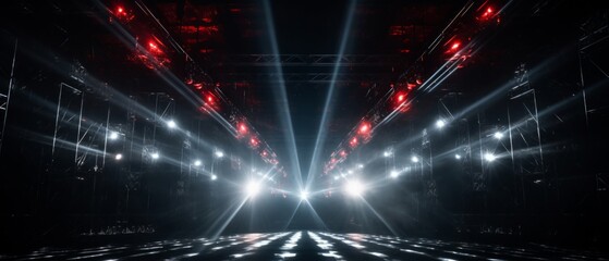 light rig from a concert that repeats into infinity, mirror hallway of concert lights