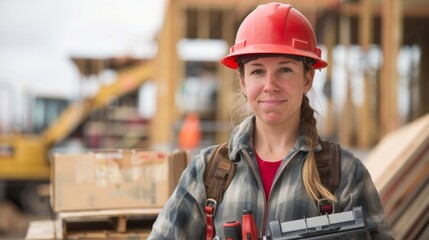 A portrait of a female plumber standing confidently with a toolbox in hand ready to tackle any plumbing issue that may arise on the busy construction site behind her. . - obrazy, fototapety, plakaty