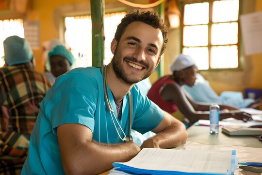 Portrait of a professional volunteer man doctor in Africa looking to camera with smiling. Volunteer concept - Generative AI