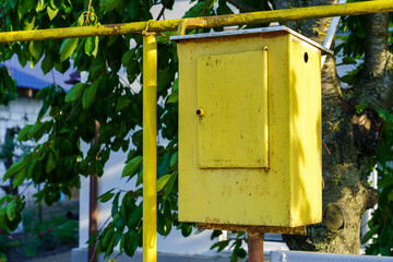A yellow box with a metal lid sits on a pole next to a tree