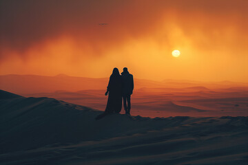A couple standing on a sandy beach at sunset - Powered by Adobe