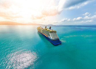 Aerial view large cruise ship at sea, Passenger cruise ship vessel. Adventure and travel. Landscape...