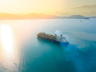 Luxury cruise ship. Aerial view beautiful large cruise ship at sea, Big blue passenger cruise...