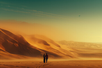 Fototapeta na wymiar A couple standing in the desert with a bird flying in the background