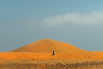 A woman stands in the desert, looking up at the sky