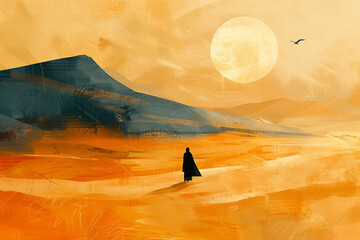 Obraz premium A man is walking in a desert with a large sun in the background