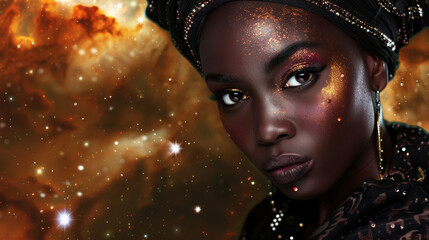 A striking black woman strikes a bold pose her piercing gaze fixed on the viewer. Her magnificent bronze skin seems to glow in the light of a nebula accentuated by the dynamic and .