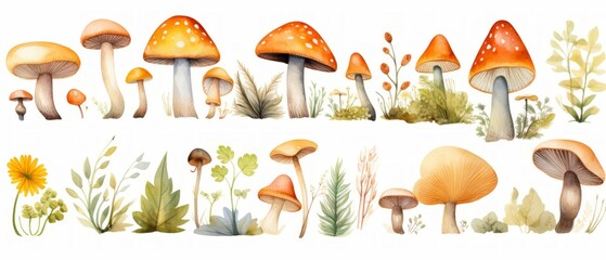 mushrooms, watercolor on a white background