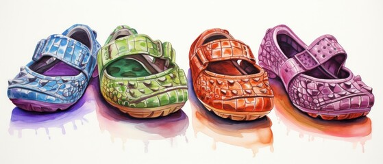 patterns of drawing crocs shoes in watercolor,sharp, pastel color, on a white background