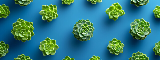 Various type of succulent cactus plants on blue background. Colorful miniature plants pattern.  Botanic garden. Love nature, home plant concept. Flat lay, top view