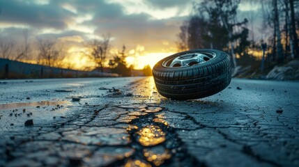 A wheel has fallen off a car and is rolling down an empty road