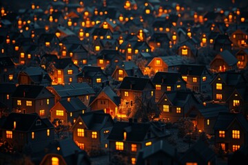 One-story homes glow warmly at night, arranged in rows. Exuding coziness, perfect for cover, ads, or presentations.