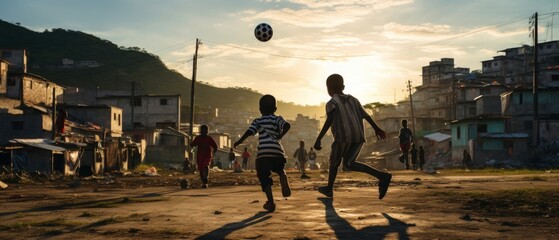 photography of kids playing football in a poor neighborhood field in sout america, afternoon light