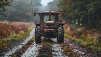 An old tractor on a rural unpaved road.  - obrazy, fototapety, plakaty