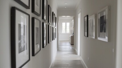 A hallway lined with a gallery wall of black and white photographs all with a matte finish. The use of matte accents in the photographs adds a timeless and sophisticated touch to the .