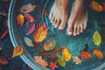 Bare feet in a basin with hot water and autumn leaves. Concept of treatment of autumn cold - obrazy, fototapety, plakaty