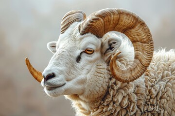 Close-up portrait of a ram with curved horns. Detailed image of the muzzle. A domestic animal is looking at something. Illustration for cover, card, poster, brochure or presentation

