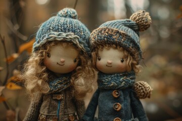 Handcrafted woolen dolls of a boy and girl amidst a forest setting, evoking a fairytale ambiance. Ideal for cover art, postcards, interior design, brochures, or advertising.