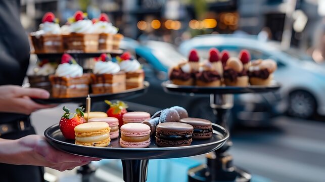 Serving of elegant colorful french pastries and macarons with parisian street background