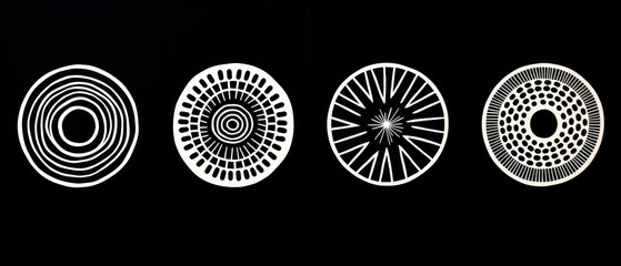silk screen print white circles with different patterns on a black background - obrazy, fototapety, plakaty