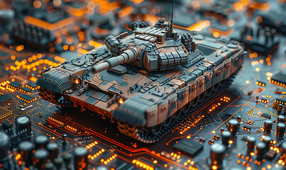 closeup on a military tank on a powerful computer board for AI taking control over war concept or race on manufacturing micro chips. Generative Ai