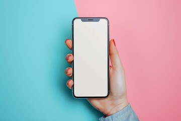A hand holds a smartphone with a blank white screen, offering versatile design potential for covers, cards, postcards, interior design, banners, posters, brochures, or presentations.






