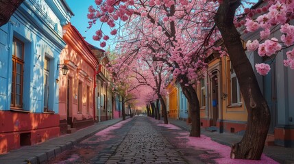 In the Ukrainian city of Uzhhorod, the cherry blossoms on Sakura Alley are blooming incredibly, creating an exceptionally beautiful view reminiscent of a European street.  - obrazy, fototapety, plakaty