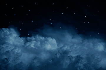 Black dark blue white starry cloudy night sky background. Above the clouds. Moonlight. The sparkle...