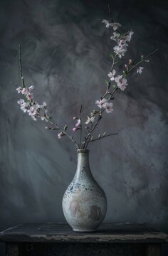 still life photo of ceramic vase with flowers on top, on table, dark grey background, moody