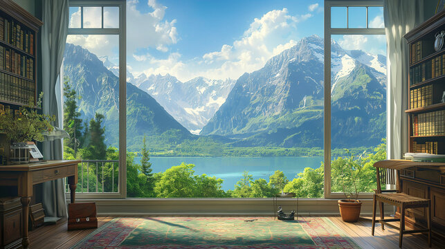 Monet illustration paint of a office room with mountain views.